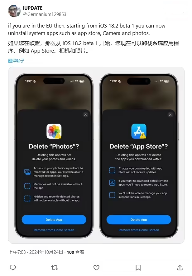 金坛苹果手机维修分享iOS 18.2 支持删除 App Store 应用商店 