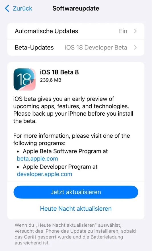 金坛苹果手机维修分享苹果 iOS / iPadOS 18 开发者预览版 Beta 8 发布 